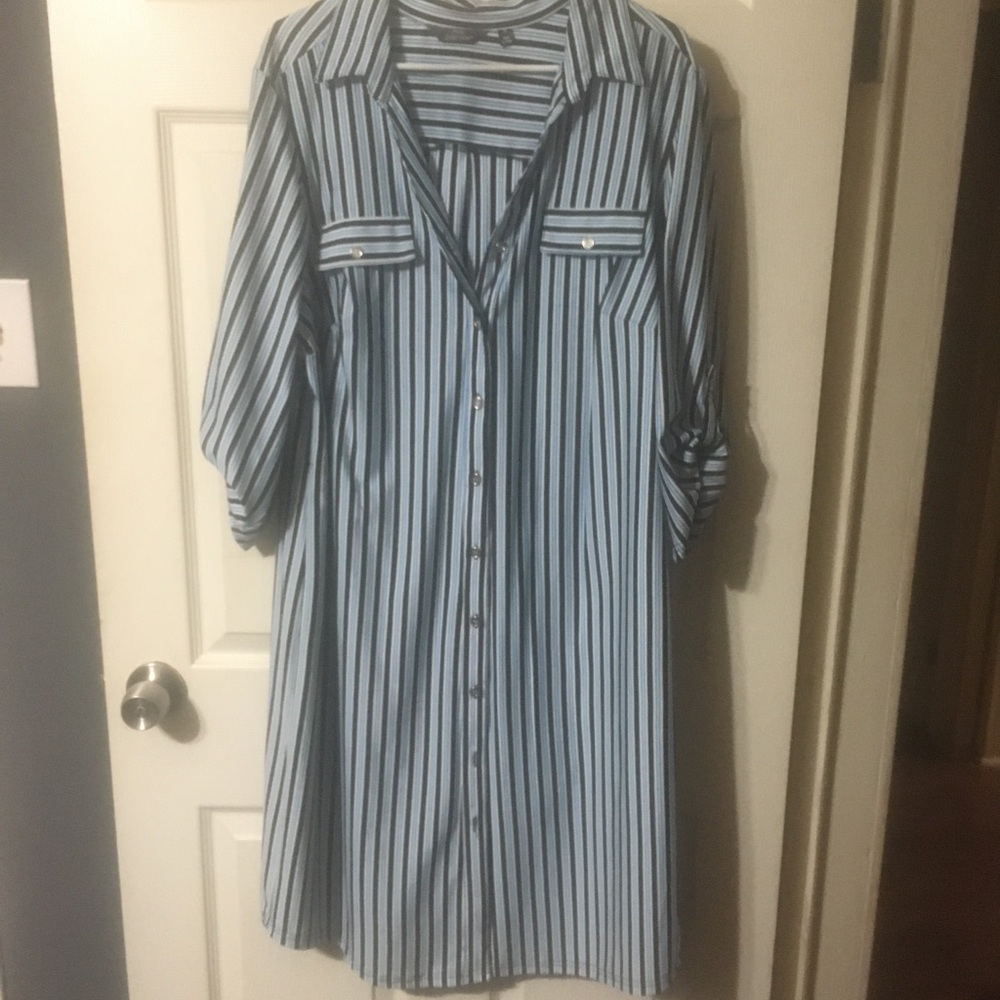 Mlle Gabrielle Light Blue and Black Striped Midi Shirt Dress